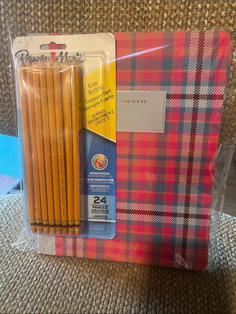 #2795**Plaid Pink & Blue Journal with Pack of Yellow Pencils